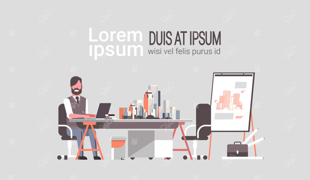 معمار مرد در حال کار با لپ‌تاپ بر روی نقشه‌کشی خانه جدید و مدل ساخت‌وساز