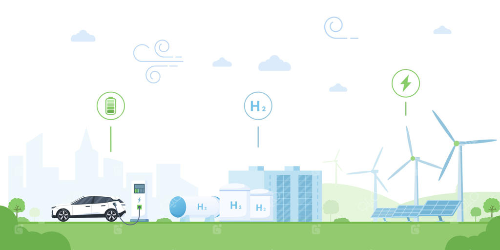 ماشین‌های با سلول سوختی هیدروژنی در ایستگاه‌هایی که با توربین‌های بادی و پنل‌های خورشیدی تغذیه می‌شوند، شارژ می‌شوند. تانک‌های هیدروژن انرژی پاک را ذخیره کرده و آلودگی را کاهش می‌دهند. ایده‌آل برای حمل‌ونقل پایدار در پس‌زمینه شهر.