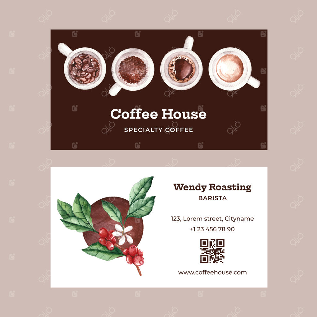 قالب کارت ویزیت افقی برای کافه - طرح آبرنگی