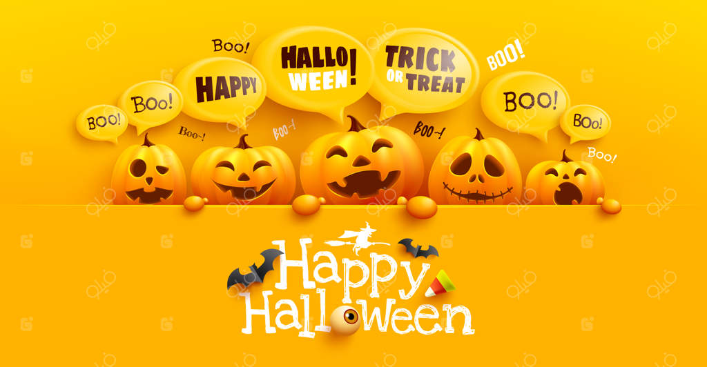 قالب پوستر و بنر هالووین شاد با کدو هالووین بامزه و پیام حبابی زرد در بالا. وب‌سایتی ترسناک،
