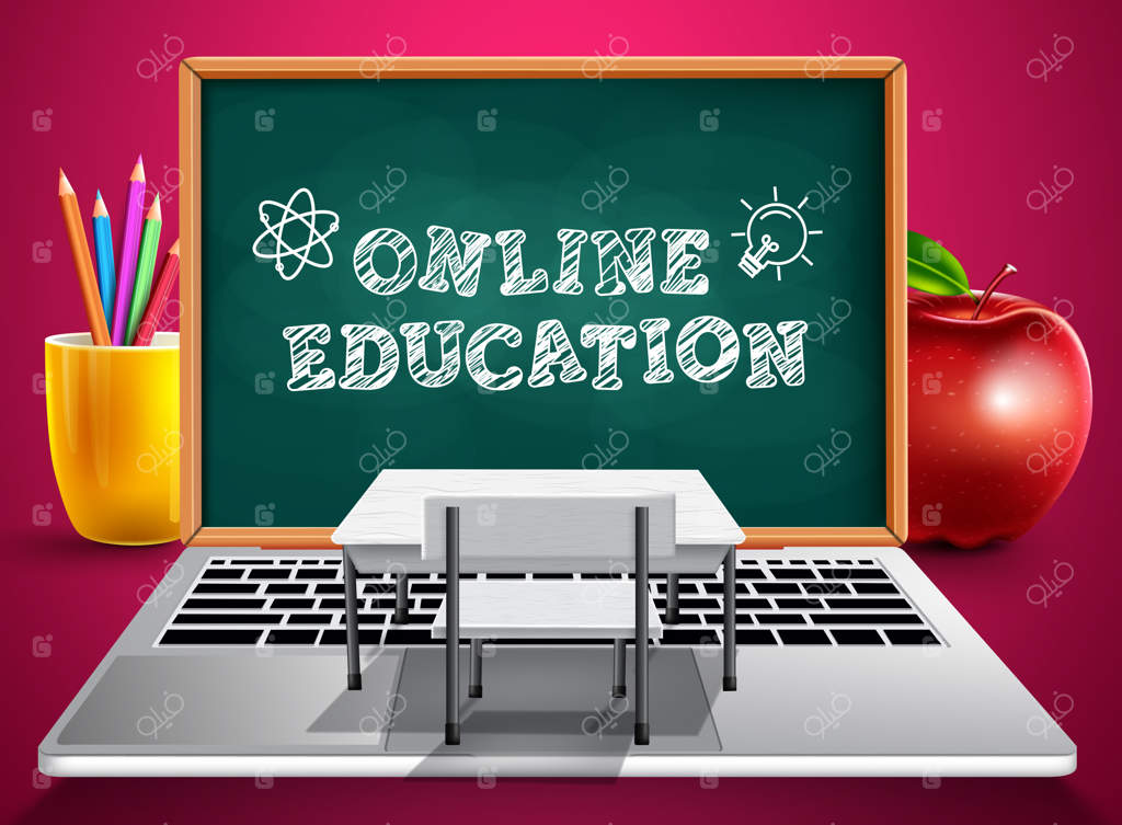 طراحی وکتور کلاس دیجیتال آموزش آنلاین: متن آموزش آنلاین روی تخته سیاه.