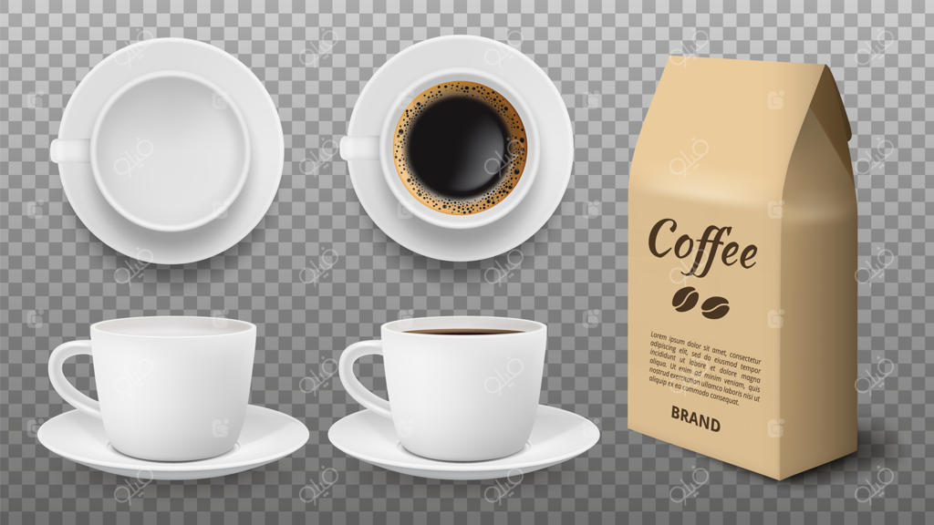 ماکت فنجان سفید. فنجان و ماگ خالی و واقعی، بسته‌بندی دانه‌های قهوه عربیکا. عناصر جداگانه فروشگاه نوشیدنی. قالب وکتور برای فنجان سفید با قهوه سیاه.
