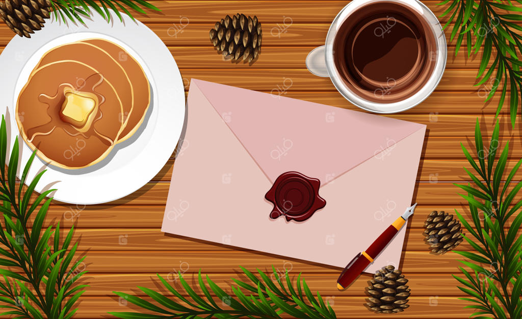 نامه‌ای روی میز در کنار پنکیک و چند برگ تزئینی