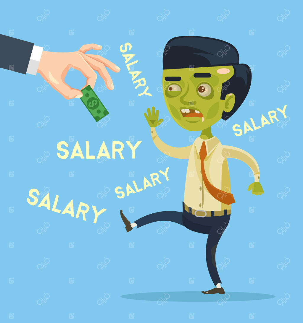 شخصیت زامبی کارمند در جستجوی حقوق. تصویر کارتونی تخت