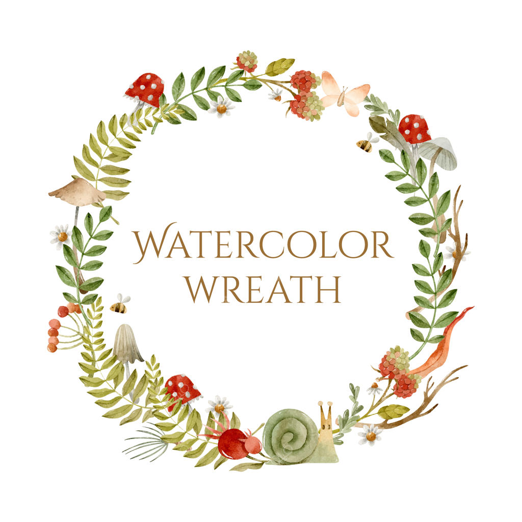 قالب فریم گرد آبرنگی با سرخس، قارچ، توت و حلزون