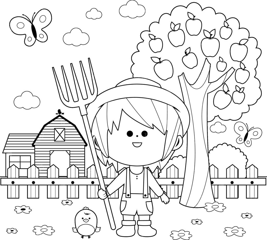 پسر کشاورز کوچک و مرغ بامزه در مزرعه در حال کار در باغ همراه با طویله، خانه روستایی، حصار و درخت سیب. کودک خوشحال در مزرعه در روستا. صفحه رنگ‌آمیزی سیاه و سفید.