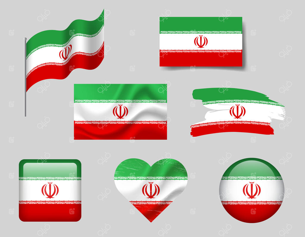 مجموعه آیکون‌های پرچم ایران. پرچم ایران، نماد. مجموعه پرچم‌های ایران به شکل دکمه، براش، موج‌دار، قلبی.