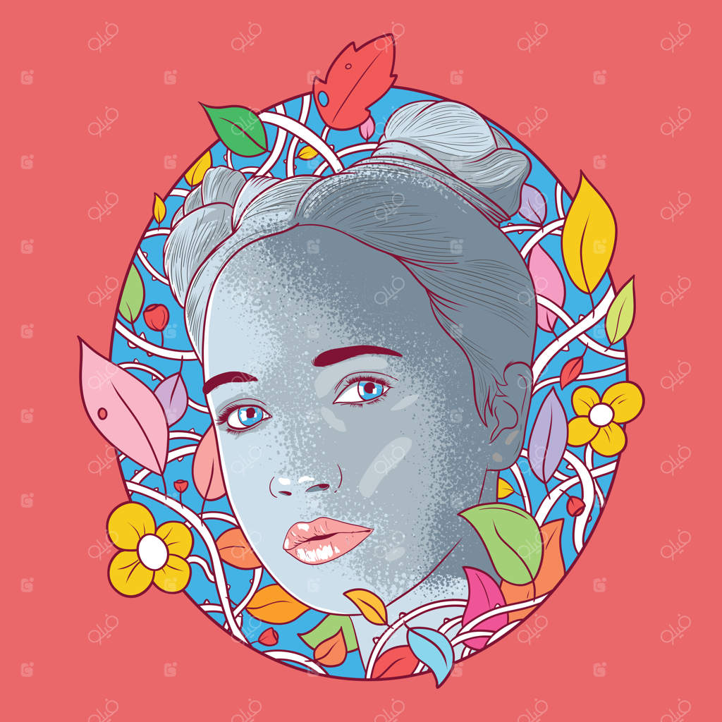 تصویر وکتوری چهره دختر ناز با قاب گل. مفهوم طراحی زیبایی و طبیعت.