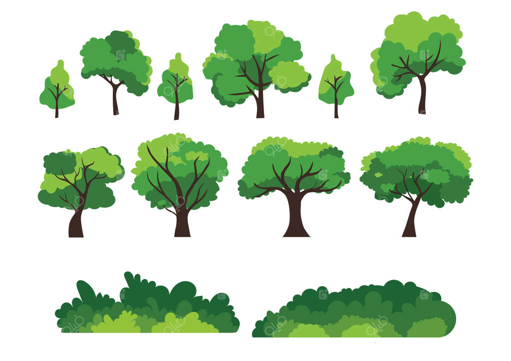مجموعه‌ای از درختان مختلف روی زمینه سفید - هر گونه درخت با برگ‌های سبز