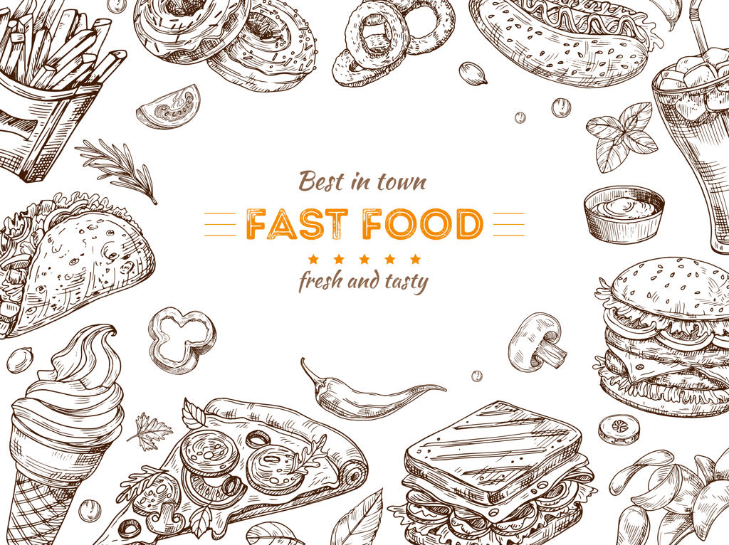 پشت‌زمینه فست فود: طراحی اسکیس برگر، نوشابه و تنقلات. دودل بستنی، پیتزا و ساندویچ. پوستر وکتوری رستوران فست فود
