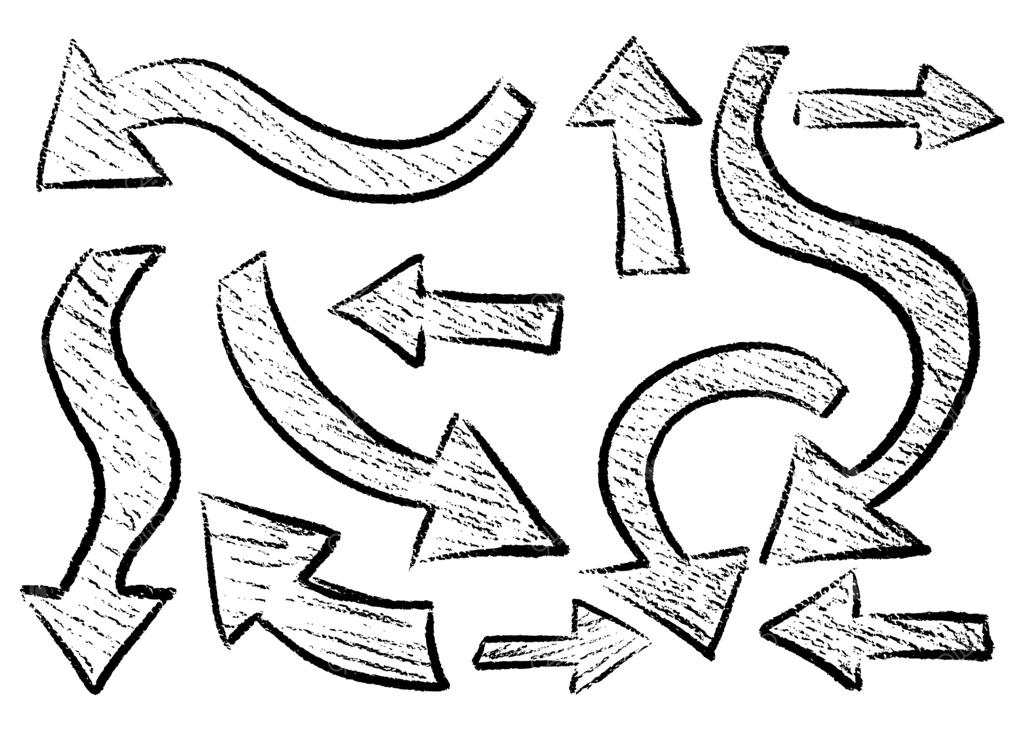 مجموعه‌ای از پیکان‌های طراحی‌شده با زغال. مجموعه‌ای از پیکان‌های گچی و خرابکارانه.