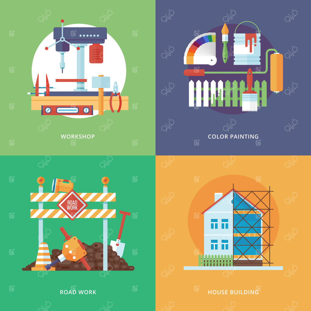 ساخت و ساز: صنعتی برای توسعه اپلیکیشن‌های وب و موبایل. تصویرسازی برای کارگاه فلزکاری، رنگ آمیزی، جاده سازی و ساخت خانه.