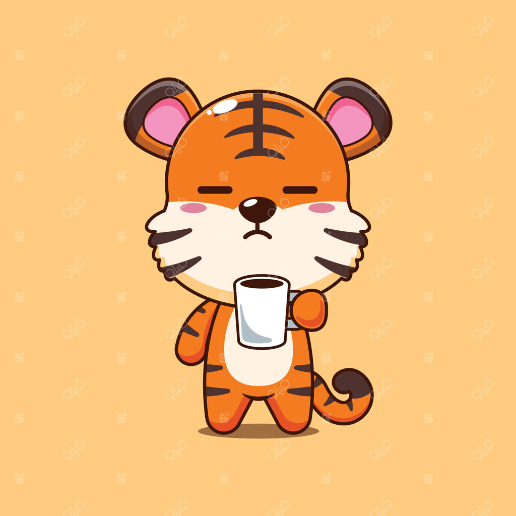 تصویر کارتونی ببر بانمکی که خسته و خواب‌آلود با یک فنجان قهوه در دست است
