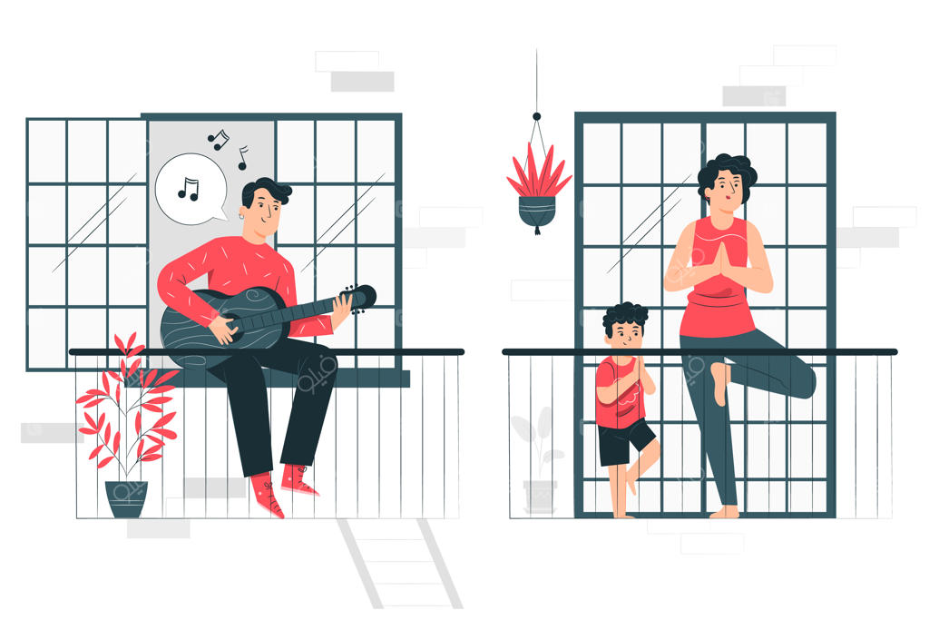 تصویر مفهومی از افراد در حال فعالیت‌های تفریحی روی بالکن