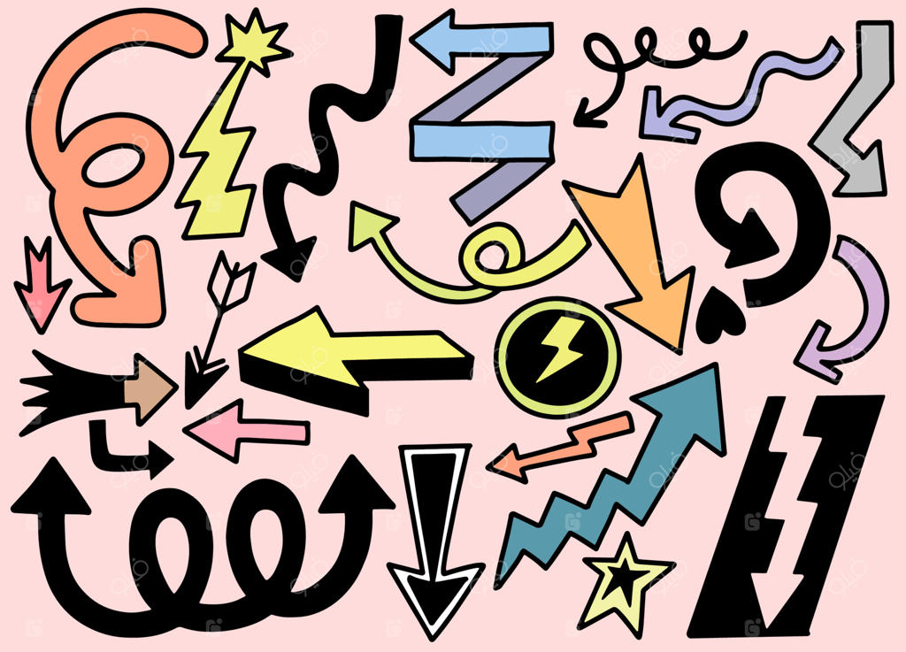 مجموعه دست‌کشیده از انواع پیکان‌ها: آیکون‌های جهت‌دار سیاه مختلف، مجموعه‌ای از وکتورها برای طراحی وب، اپلیکیشن‌های موبایل، رابط کاربری و طراحی‌های دیگر، هرکدام در لایه‌ای جداگانه.