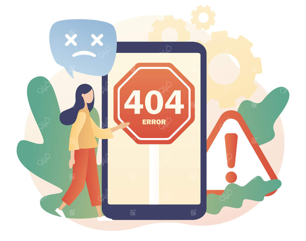 خطای ۴۰۴ - صفحه نمایش گوشی هوشمند: صفحه یافت نشد. زن کوچکی در حال بروزرسانی و نصب سیستم