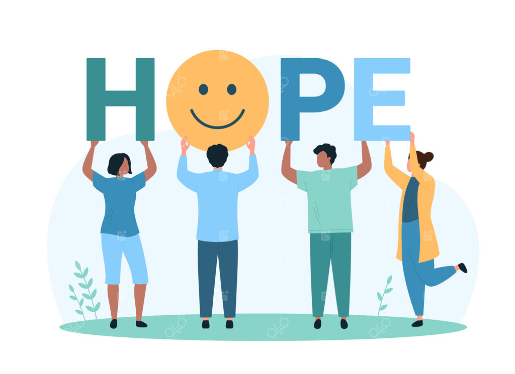 کمپین اهدای کمک‌های خیریه و آدمک‌های مینیاتوری داوطلب در حال نگه داشتن حروف کلمه امید