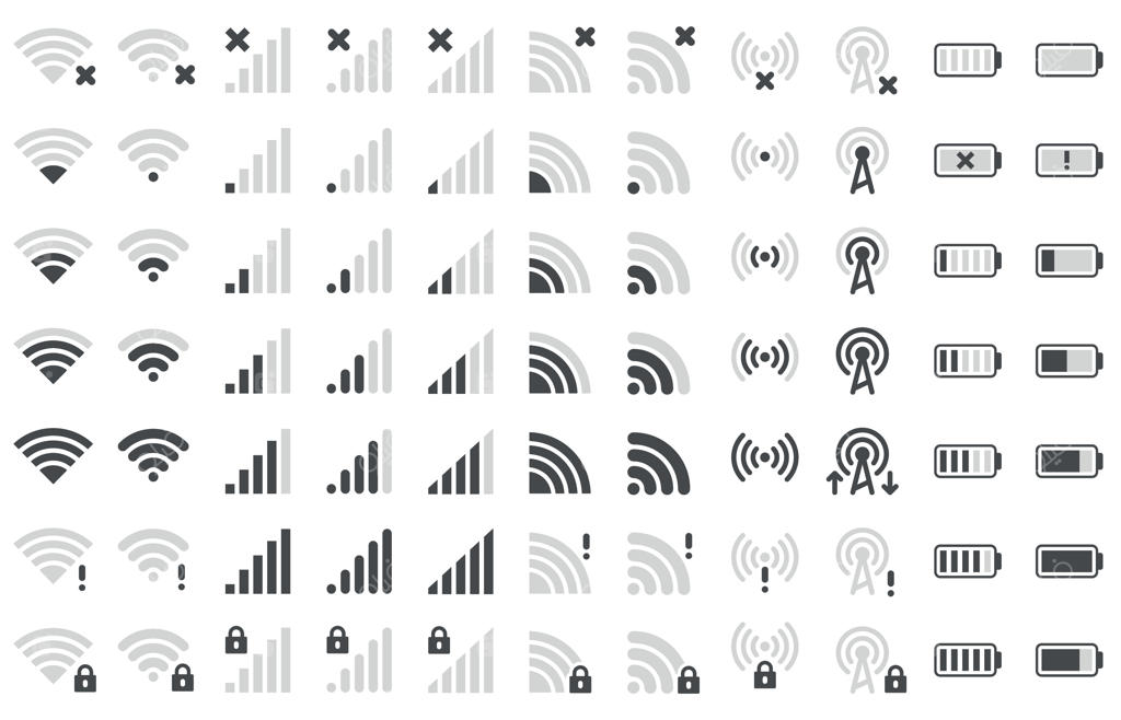آیکون‌های نوار وضعیت موبایل: مجموعه وکتور نشان‌دهنده سطح باتری، قدرت سیگنال وای‌فای و میزان اتصال شبکه گوشی هوشمند