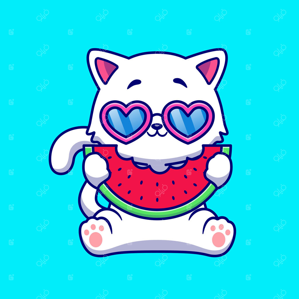 وکتور کارتونی گربه بامزه در حال خوردن هندوانه؛ تصویرسازی آیکون غذای حیوانات با سبک فلت (تخت)