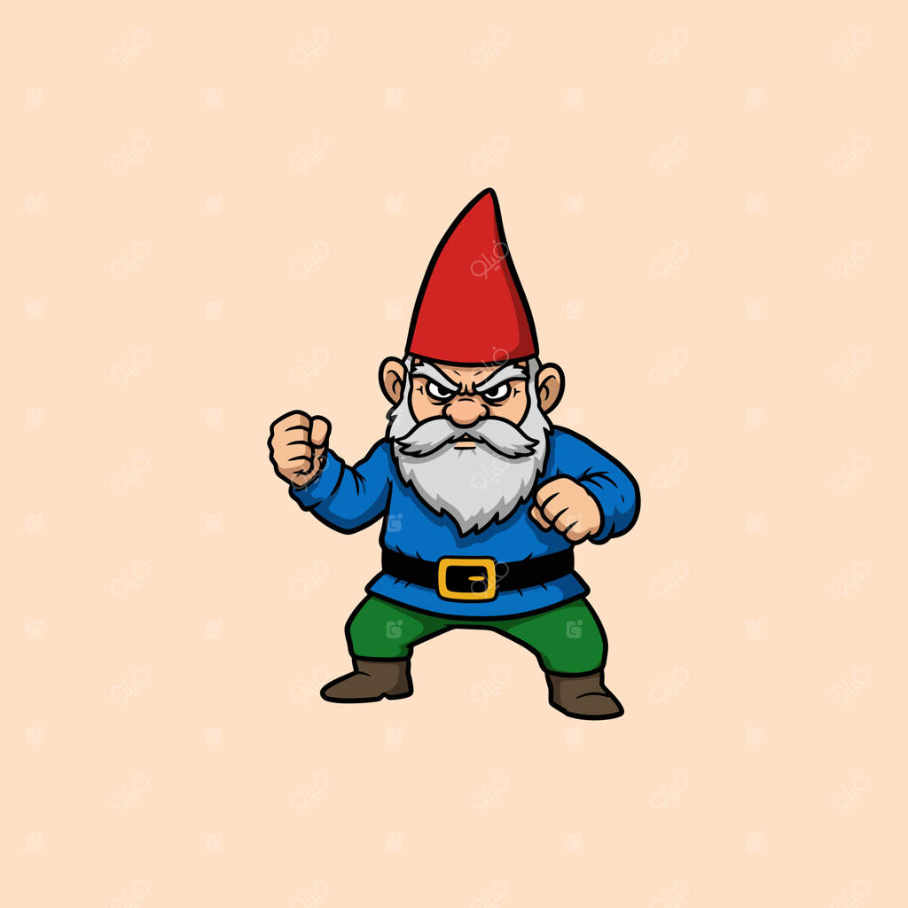 تصویری از یک کوتوله باغ عصبانی در حال مبارزه، آماده برای نبرد.