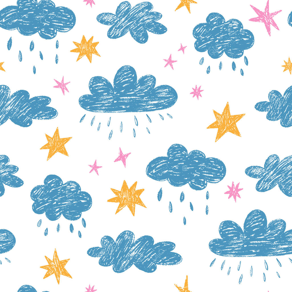 طرح بدون درز ابرها و ستاره‌های مدادی. پس‌زمینه‌ی آسمان بارانی رنگارنگ برای پارچه، منسوجات، کاغذ دیواری و کاغذ کادو. عناصر نقاشی کودکانه و ساده