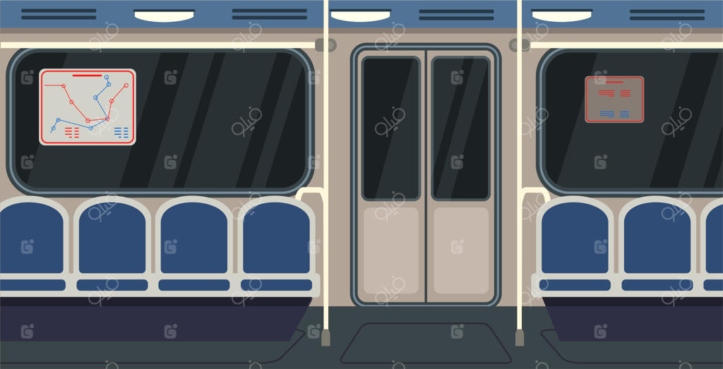 طراحی داخلی مدرن واگن‌های مترو: کابین خالی در سفر شهری با صندلی و نقشه‌ راه