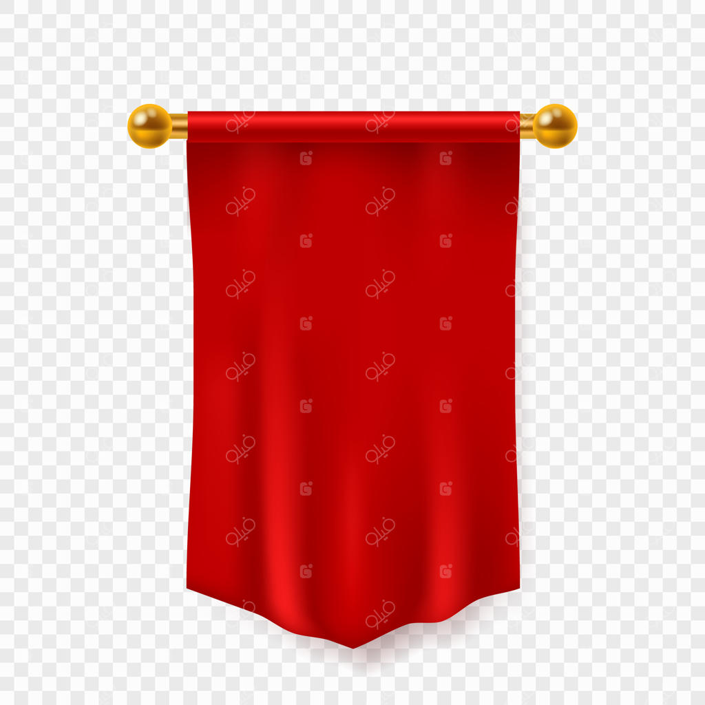 موکاپ پرچم سه‌گوش قرمز تبلیغاتی سه بعدی و واقعی آویزان روی دیوار، قالب پارچه‌ای خالی مناسب لوگو و برندینگ، وکتور ایزوله با پس‌زمینه شفاف