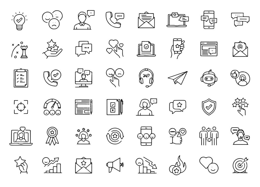 مجموعه آیکون‌های خطی رضایت مشتری، پشتیبانی، ارتباط، امتیازدهی و بازخورد