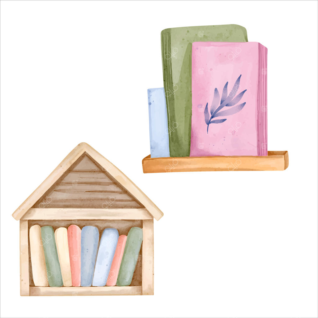 قفسه‌های کتاب با رنگ‌آمیزی آبرنگ برای کودکان: عنصری دستی از اتاق کودک با رنگ‌های پاستلی. لوازم نوزاد