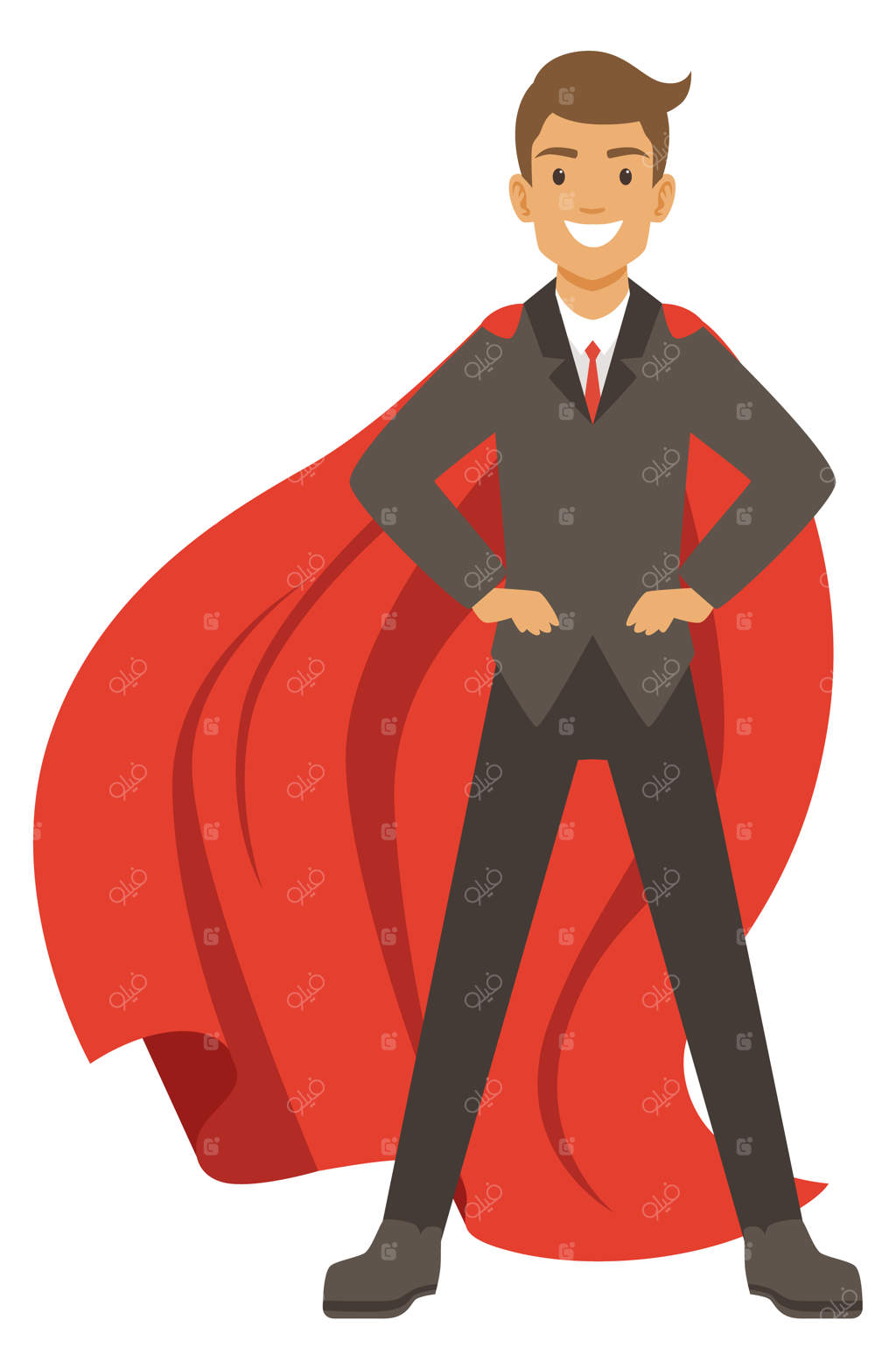 کارتون مرد کسب‌وکار خوشحال و بااعتمادبه‌نفس با قدرت‌های فوق‌العاده و شنل قرمز