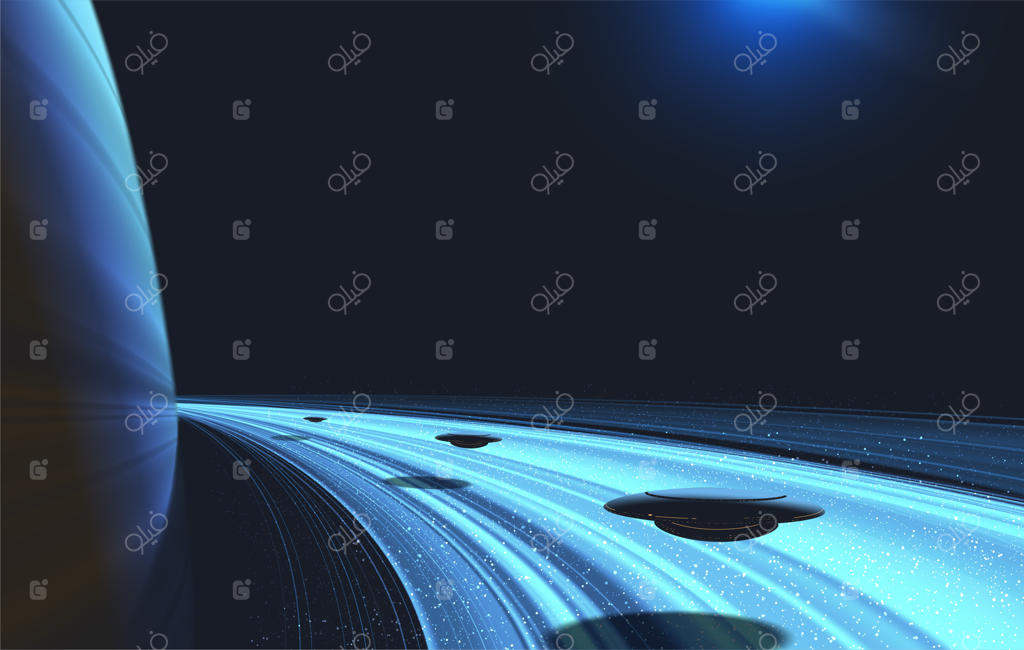 تصویر علمی-تخیلی از سیاره‌ای با حلقه‌های عظیم و سازه‌های استعماری معلق در بالای سطح حلقه‌ها