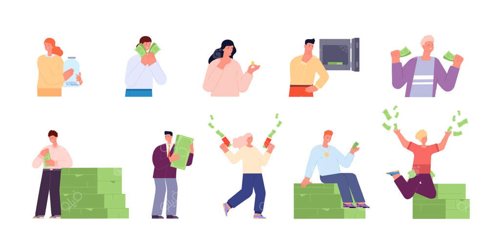 شخصیت‌های ثروتمند: فرد خوشحال پس‌انداز کننده، بانکدار، تاجر، میلیونر، برنده لاتاری یا کارگزار بورس - مجموعه‌ای از شخصیت‌های ثروتمند و قدرتمند