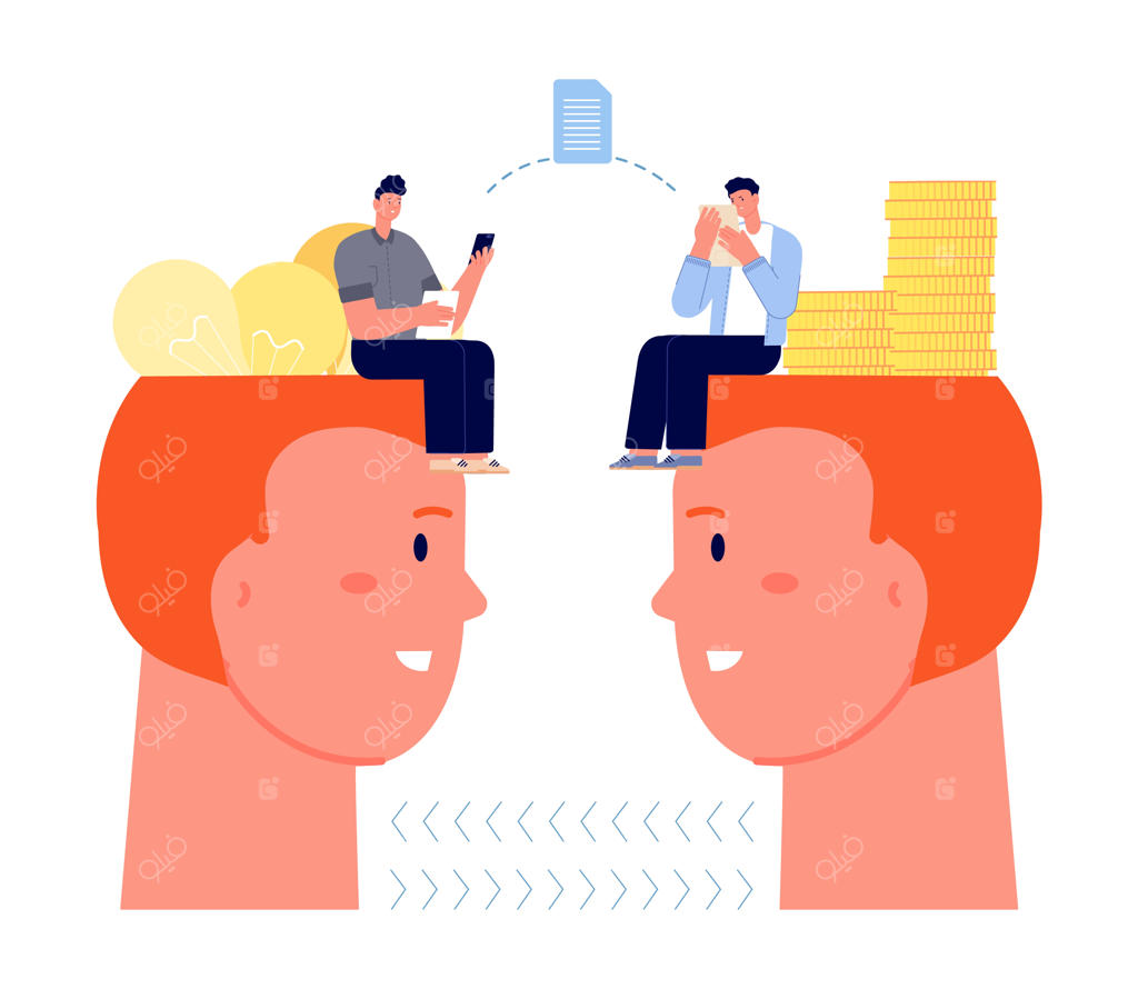 ایده در مقابل پول: معامله کسب و کار جدید - پسر خلاق و تاجر با مغزهای پر از سکه و لامپ، کنایه‌ای برای شروع یک پروژه یا استارت‌آپ جدید