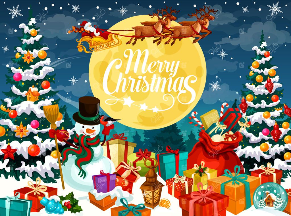 طراحی کریسمس با بابانوئل، آدم برفی و گوزن ها