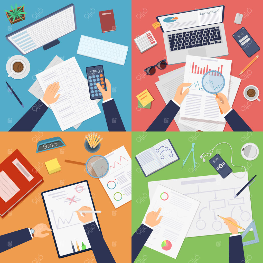 نمای بالا از محیط کار بیزینس: تاجر در حال تحلیل، تهیه گزارش، محاسبه و نوشتن اسناد حرفه‌ای