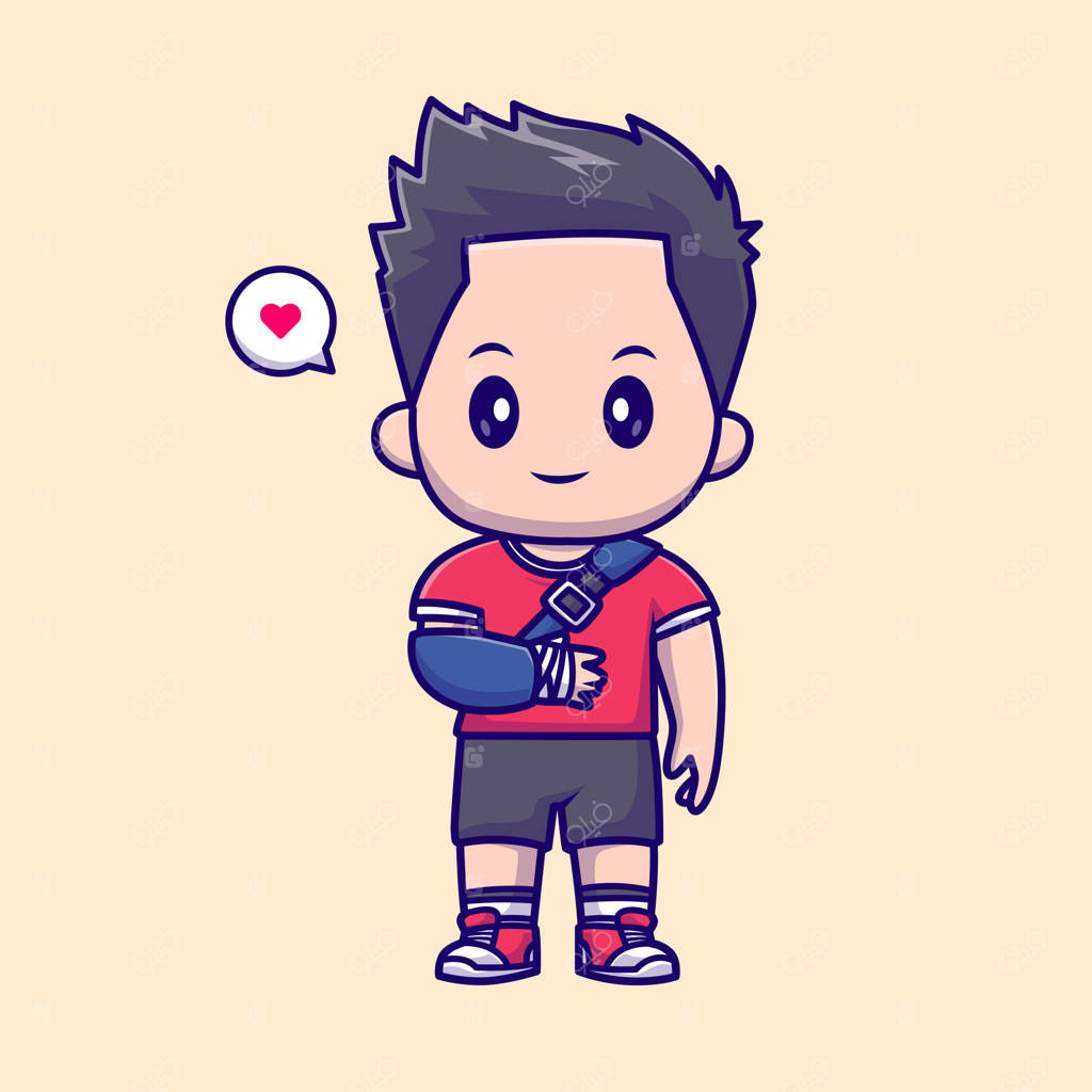 پسر بامزه با دست بانداژ شده - آیکون کارتونی. آیکون پزشکی افراد جدا شده