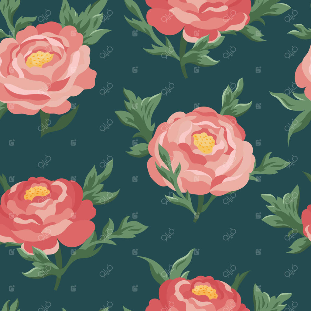 پترن یکپارچه بهاری با گل‌های صورتی رانکولوس بر روی زمینه تیره. بافت مدرن و زیبا از گل‌های باغ تابستانی، مناسب برای کاغذ کادو، پارچه، چاپ‌ها، دعوت‌نامه‌ها و جلدها.