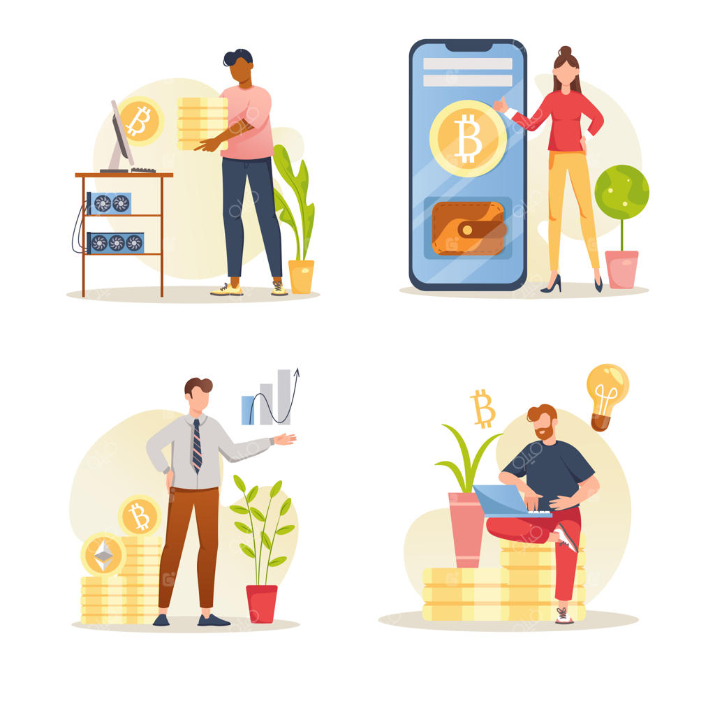 مفهوم ارز دیجیتال با صحنه‌ای از افراد: استخراج، خرید و فروش ارز دیجیتال توسط مردان و زنان.