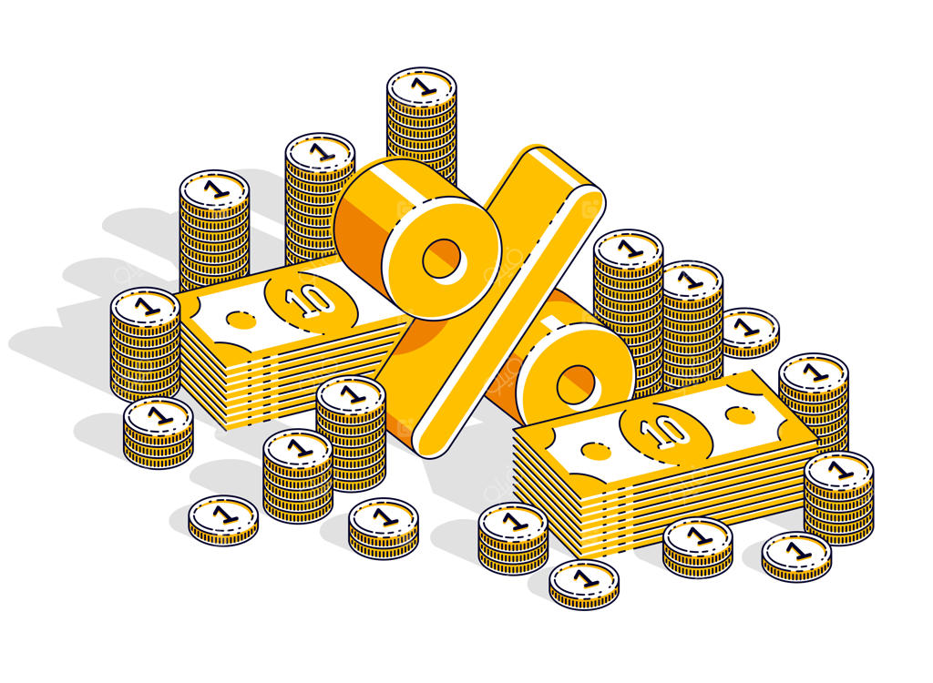 مفهوم درآمد درصدی: نماد درصد و پشته‌ای از پول نقد بر پس‌زمینه سفید. تصویر ایزومتریک سه‌بعدی کسب‌وکار و امور مالی، طراحی با خطوط نازک.