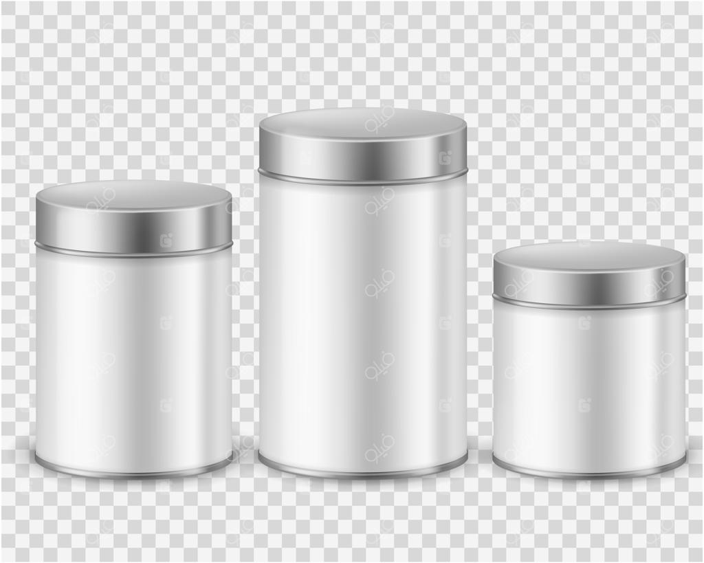 ظرف قوطی فلزی: بسته‌بندی نمونه برای محصولات خشک مانند چای، قهوه، شکر، غلات و ادویه‌جات در قوطی‌های گرد و واقعی