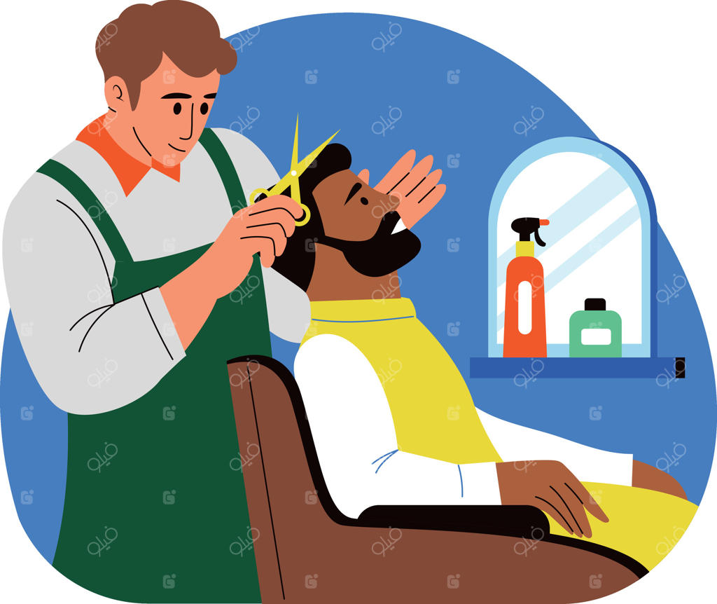 آرایشگر در حال کوتاه کردن موهای مشتری، تصویرسازی به سبک تخت