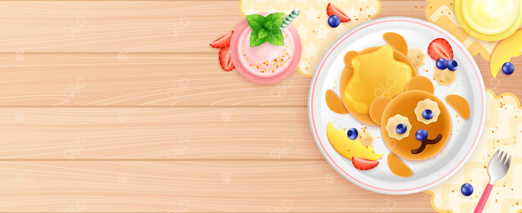 طراحی غذاهای کودکانه: ترکیب تخته چوبی و ظروف صبحانه با نمای بالا و تصویرسازی وکتور