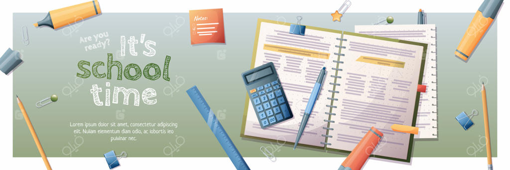 بنر افقی بازگشت به مدرسه با موضوعات و عناصر درسی: آموزش، دانش، یادگیری. پس‌زمینه با کتاب‌های درسی، دفترچه‌ها و لوازم‌التحریر