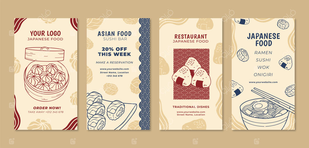 داستان‌های اینستاگرام رستوران ژاپنی با طراحی دستی