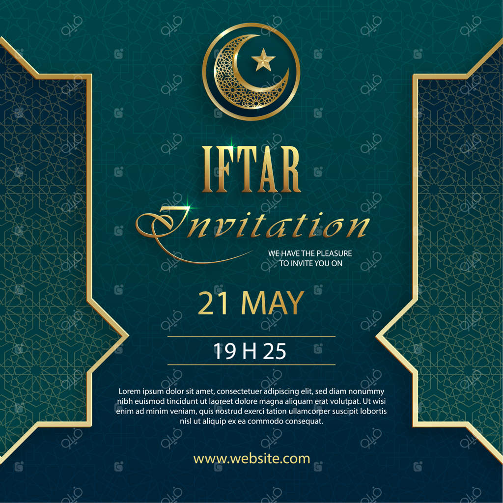 کارت دعوت افطار رمضان کریم با طرح اسلامی و ماه هلالی و نقش طلایی بر روی کاغذ برای رویداد و مهمانی