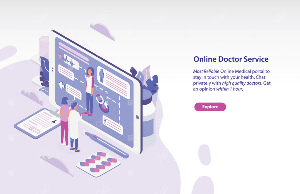 قالب بنر وب افقی با تصویر بیمار و پزشک در مقابل تبلت بزرگ و بررسی شاخص‌های سلامت شخصی. سرویس پزشک آنلاین. تصویر ایزومتریک.