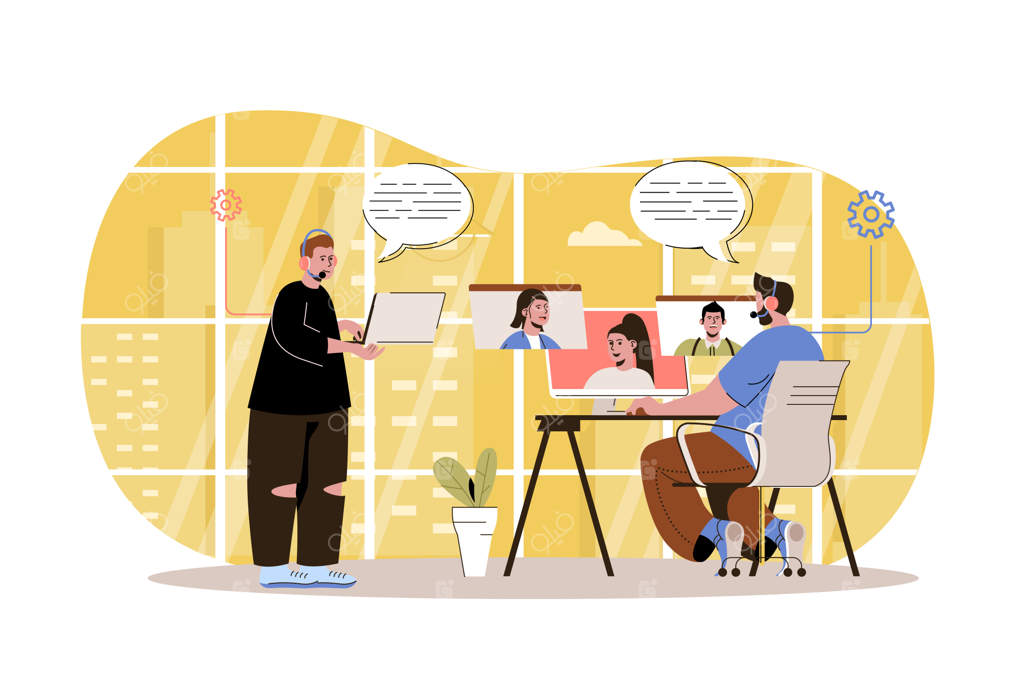 مفهوم پشتیبانی وب: اپراتورهای خدمات پشتیبانی فنی به تماس‌ها پاسخ می‌دهند و راهنمایی می‌کنند