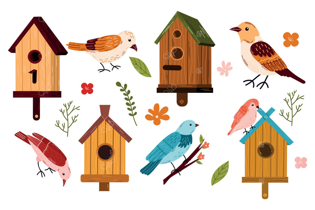 مجموعه‌ای کوچک از پرندگان بهاری و لانه‌های پرندگان. لانه‌پرنده با پرنده، آشیانه‌های دست‌ساز، غذاخوری و خانه‌هایی برای پرندگان تابستان و بهار. مجموعه‌ای از لانه‌های پرنده کارتونی و رنگارنگ، غذاخوری روی درخت در باغ