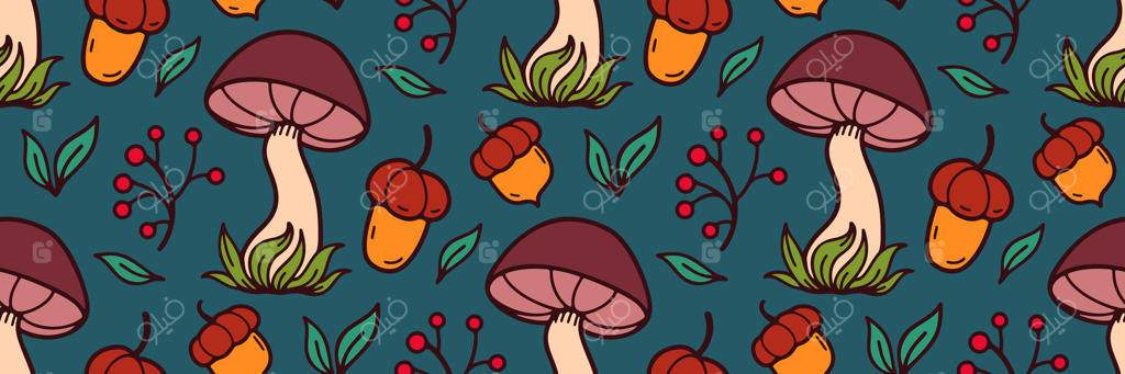 پترن بی‌نقص پاییزی با قارچ‌ها؛ مناسب برای منسوجات فصلی، کاغذ دیواری، کاغذ کادو، کارت‌های تبریک و دکوراسیون خانه. طراحی خیال‌انگیز باغ جنگلی زیبا در طبیعت.