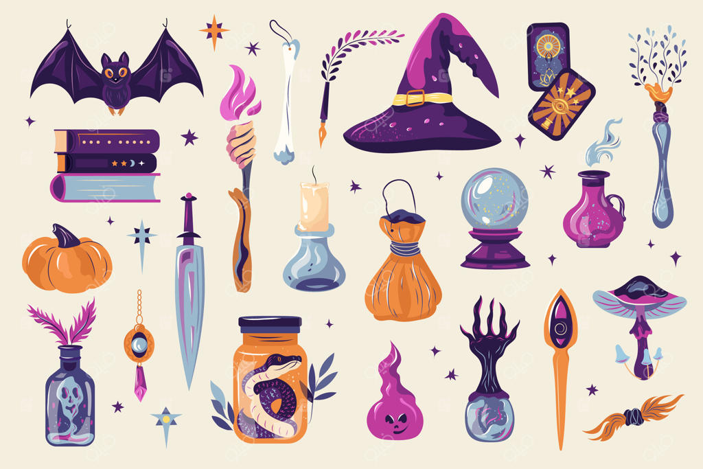 نمادهای جادوگری و عناصر جادویی هالووین شامل مار، کریستال، خفاش، خنجر، تاروت و کتاب؛ مجموعه المان‌های مرموز و بامزه مناسب برای طراحی، تزئینات، چاپ و استیکر